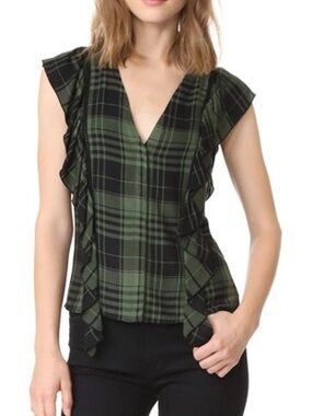 Alice + Olivia Janet Green Plaid Ruffle V-Neck Blouse